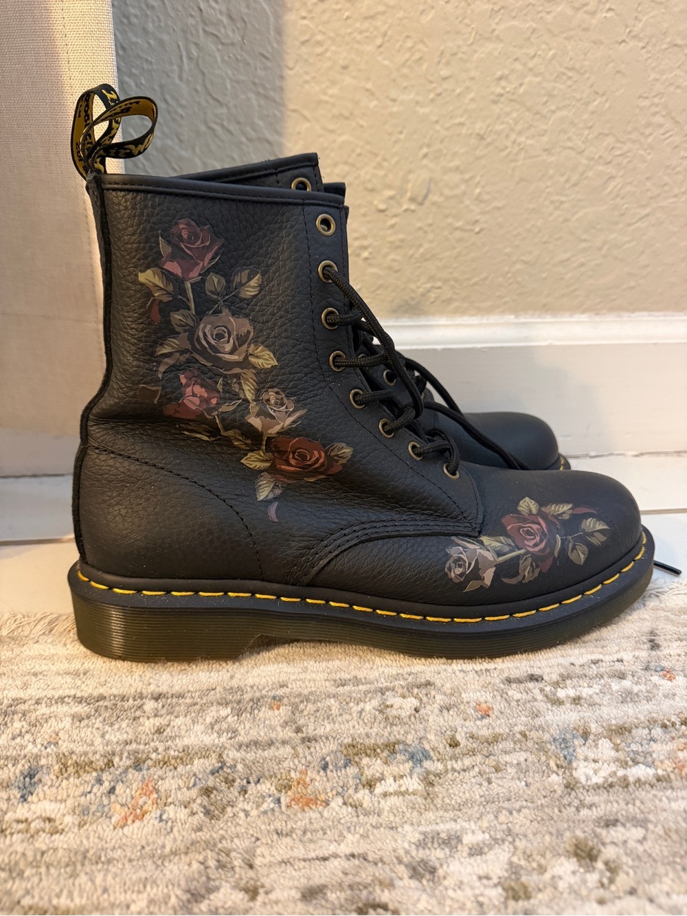 Dr. Martens Black Leather Floral Combat Boots